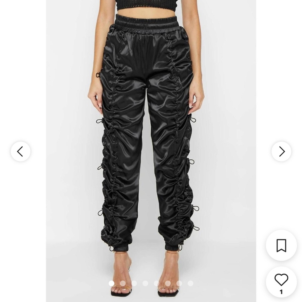 Maniere De Voir Black Satin Ruched Joggers